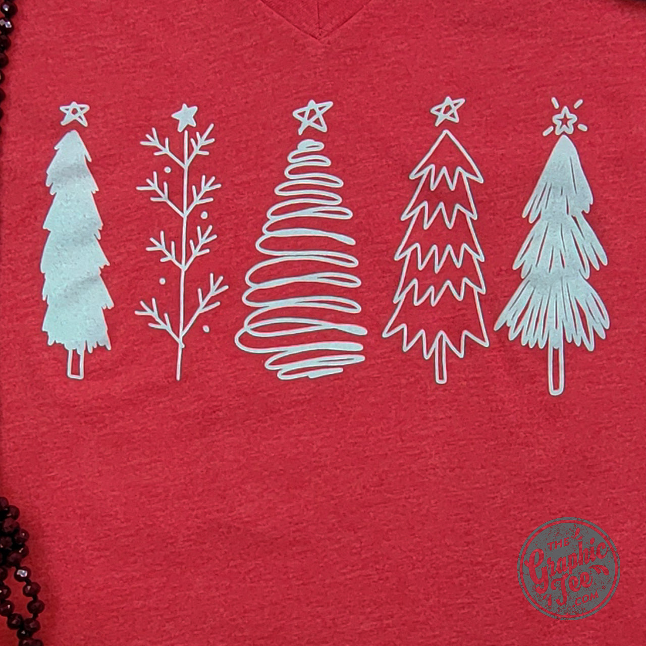 *WHOLESALE* Boho Christmas Trees Heather Red V Neck Short Sleeve Tee