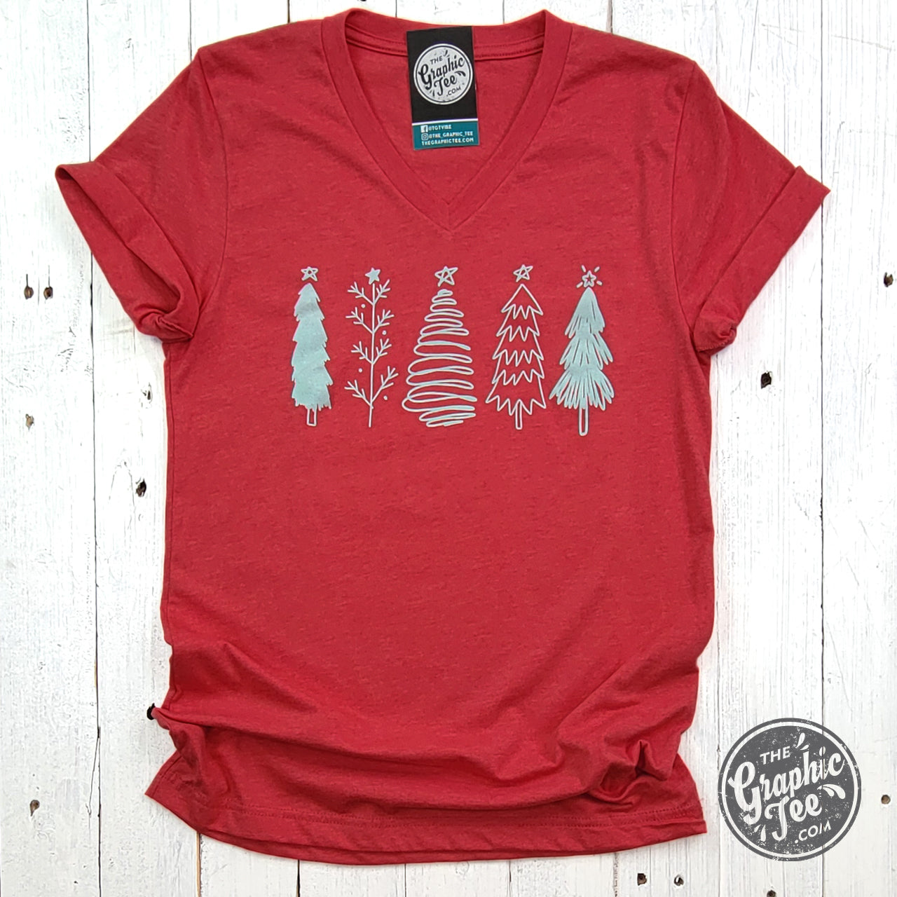 *WHOLESALE* Boho Christmas Trees Heather Red V Neck Short Sleeve Tee