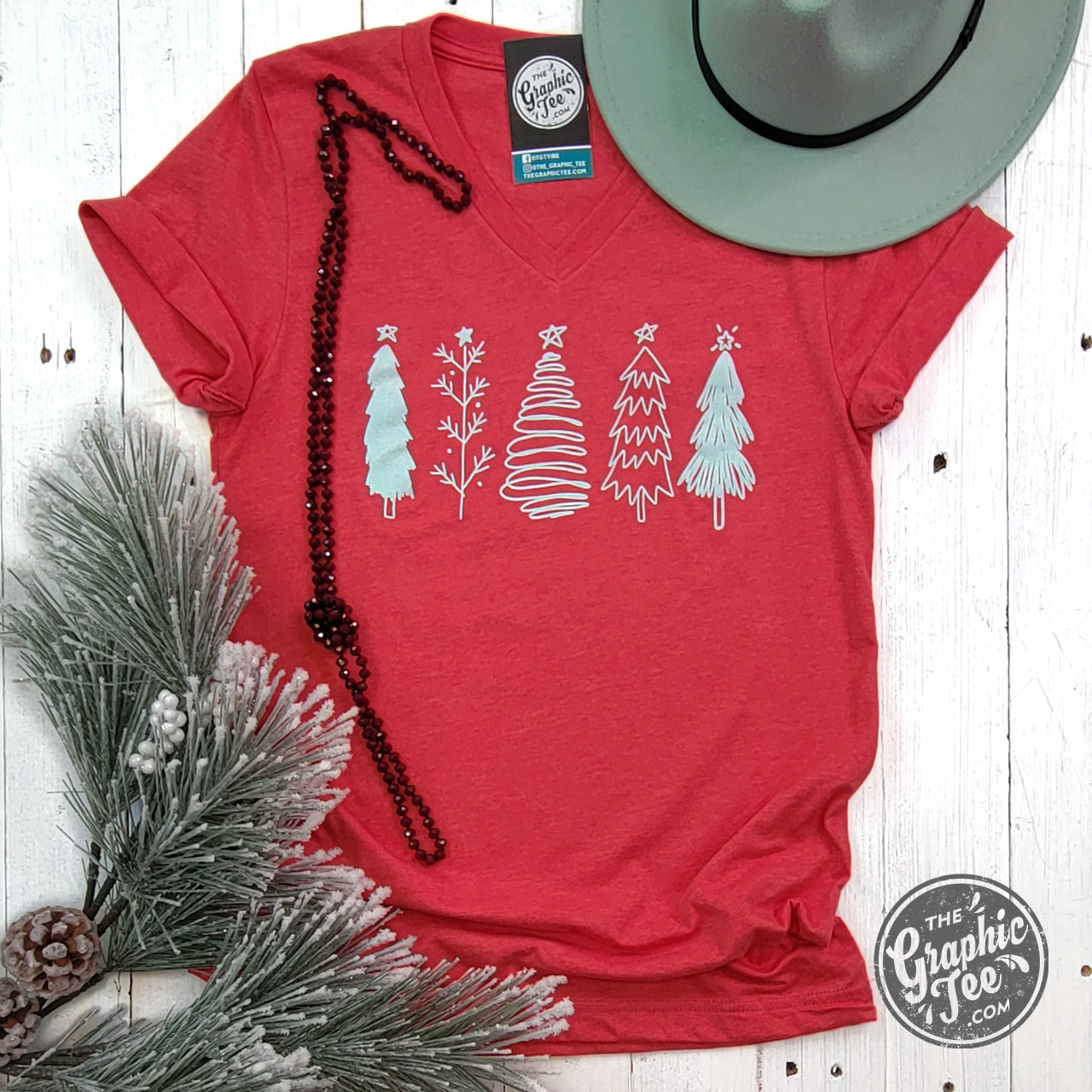 *WHOLESALE* Boho Christmas Trees Heather Red V Neck Short Sleeve Tee