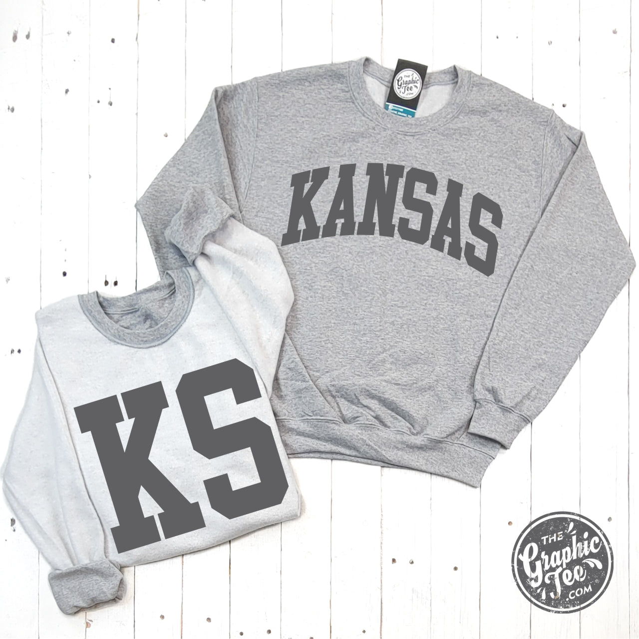 *WHOLESALE* Kansas Charcoal Print Reversible Sport Grey Crewneck Sweatshirt