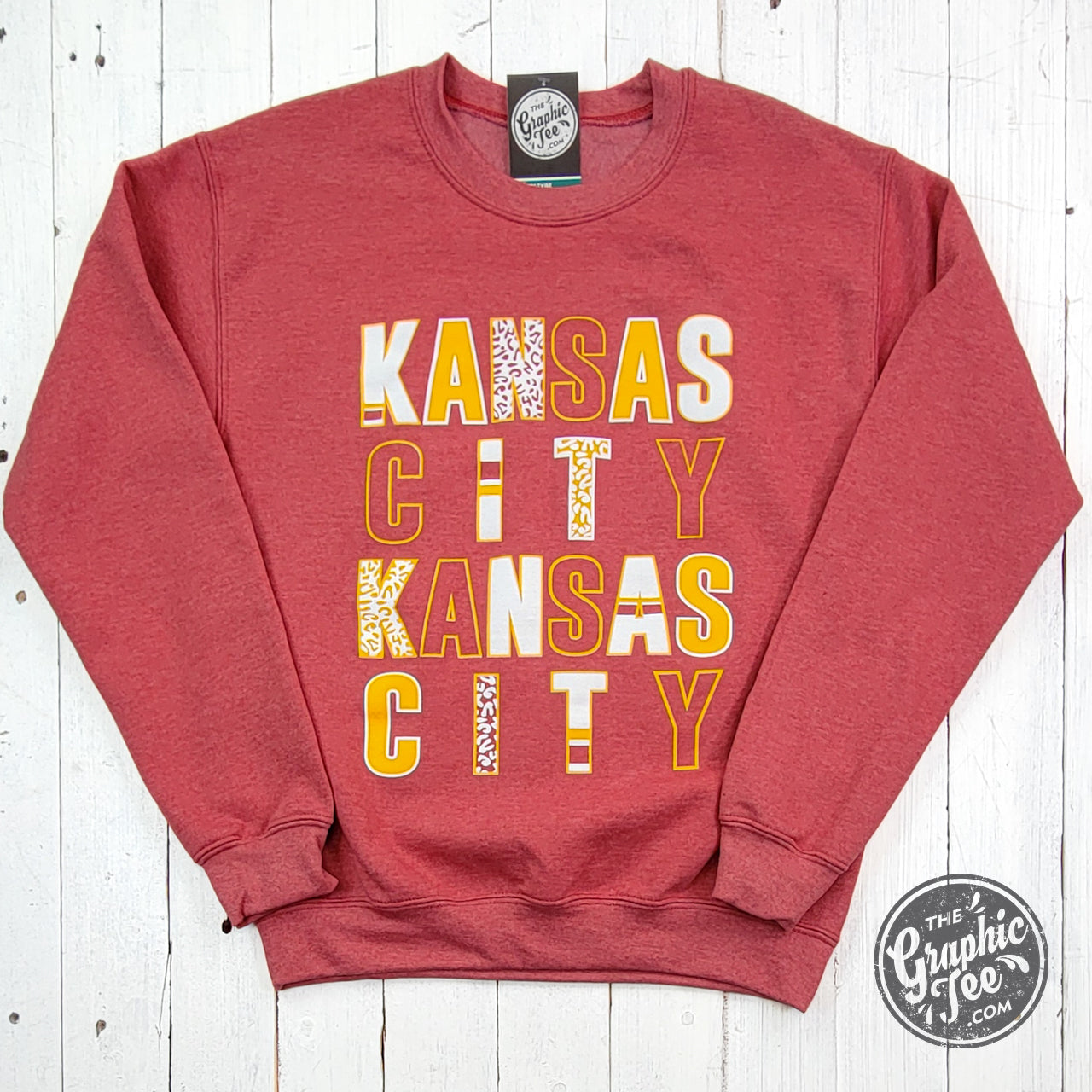 *WHOLESALE* Kansas City Multi Pattern Letters Heather Sport Scarlet Crewneck Sweatshirt