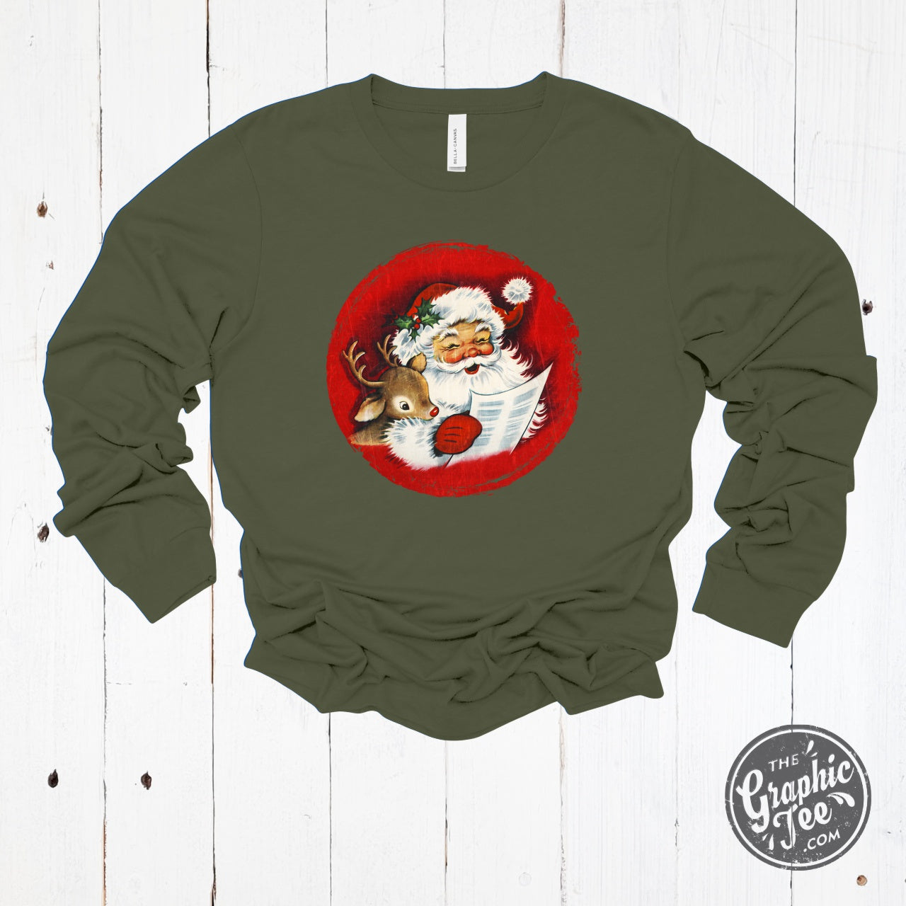 *WHOLESALE* Vintage Santa and Reindeer Long Sleeve Crew Neck Tee