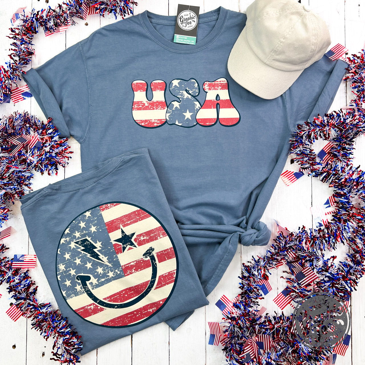 *WHOLESALE* USA Smiley Face Comfort Wash Short Sleeve Tee