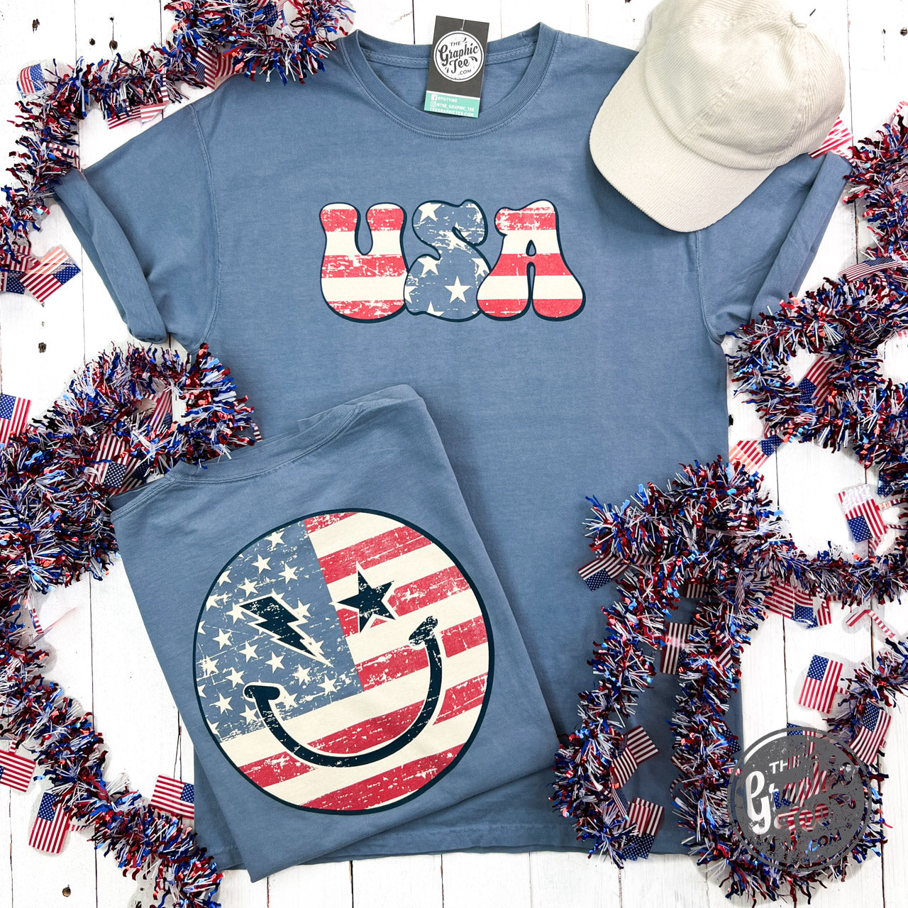 *WHOLESALE* USA Smiley Face Comfort Wash Short Sleeve Tee