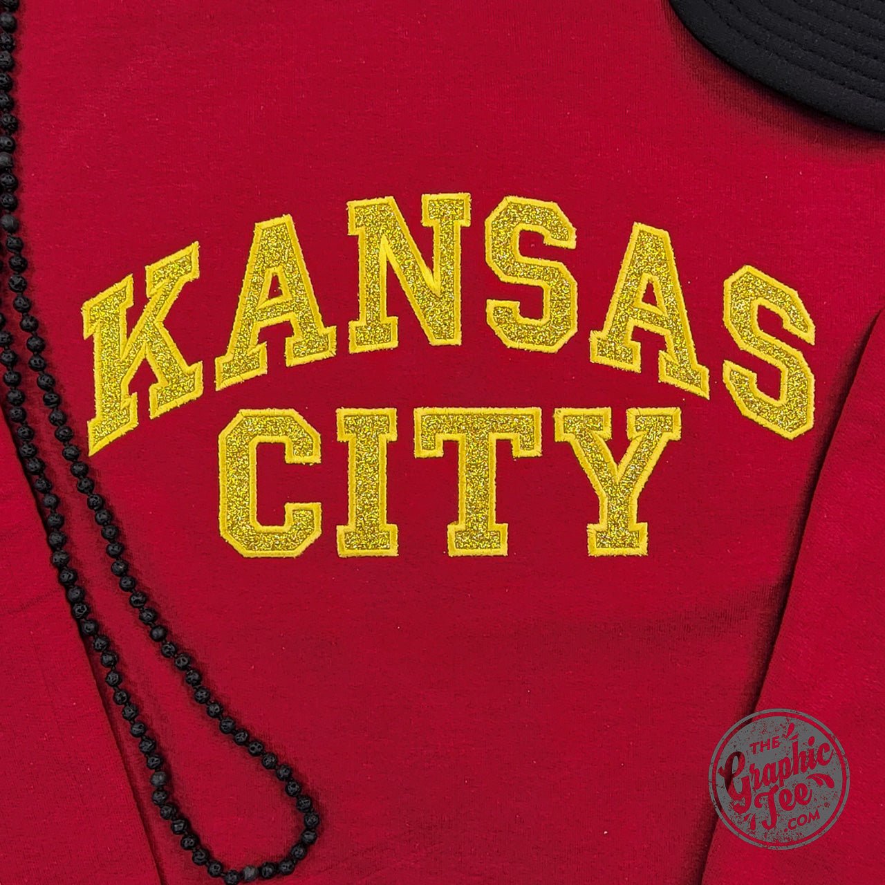 Kansas City Gold Glitter Applique Dark Red Crewneck Sweatshirt - The Graphic Tee