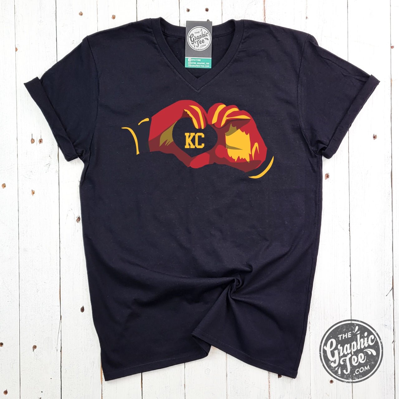 KC Heart Hands V Neck Black Short Sleeve Tee - The Graphic Tee