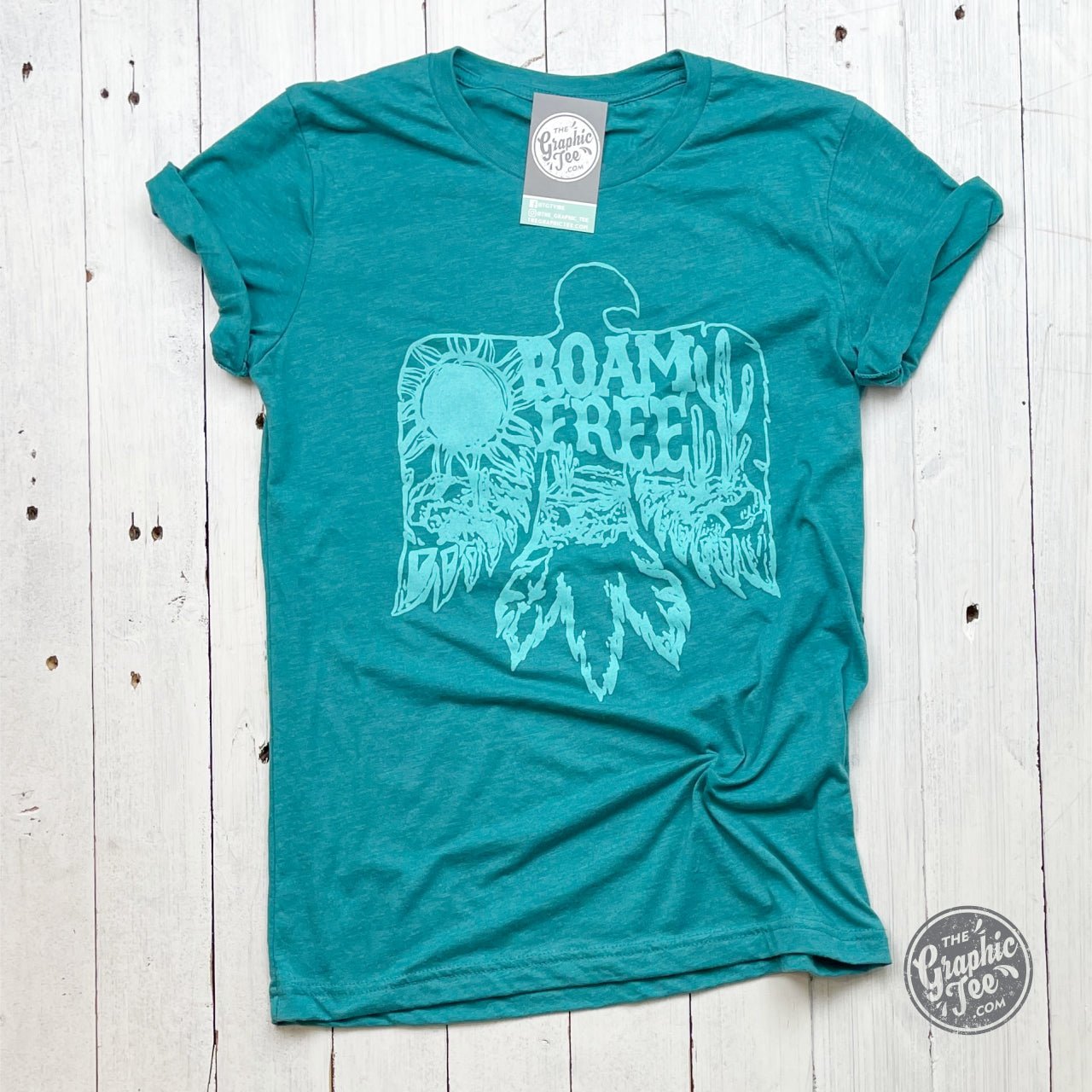 *WHOLESALE* Roam Free Teal Crewneck Short Sleeve Unisex Tee - The Graphic Tee