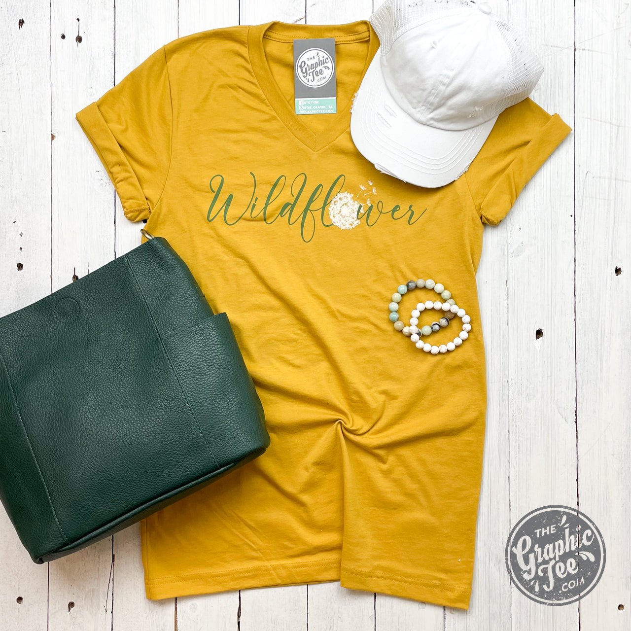 *WHOLESALE* Wildflower Dandelion Mustard V Neck Short Sleeve Tee - The Graphic Tee
