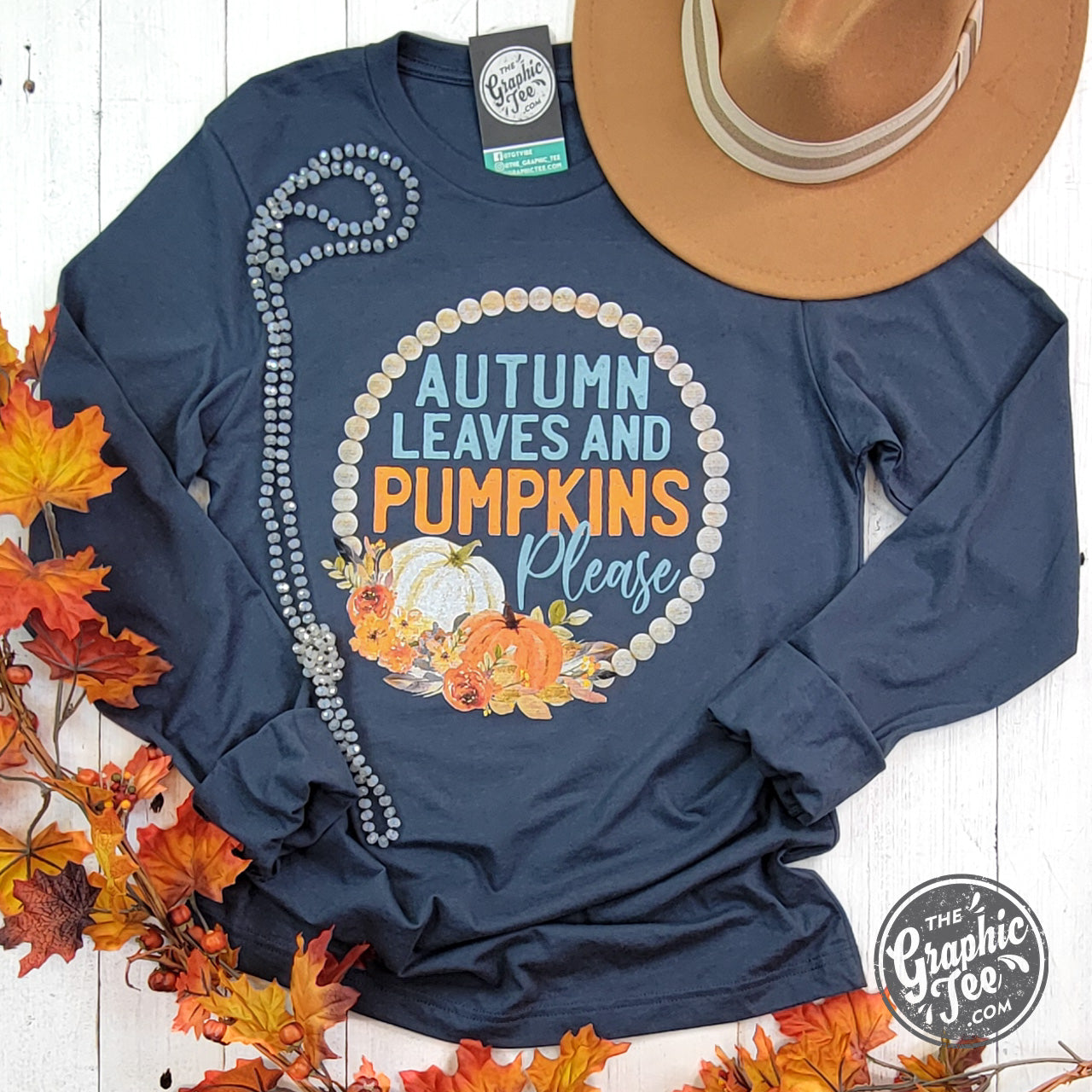 *WHOLESALE* Autumn Leaves and Pumpkins Please Vintage Navy Long Sleeve Tee