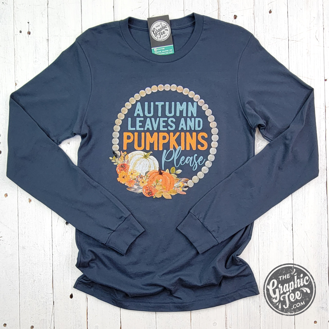 *WHOLESALE* Autumn Leaves and Pumpkins Please Vintage Navy Long Sleeve Tee