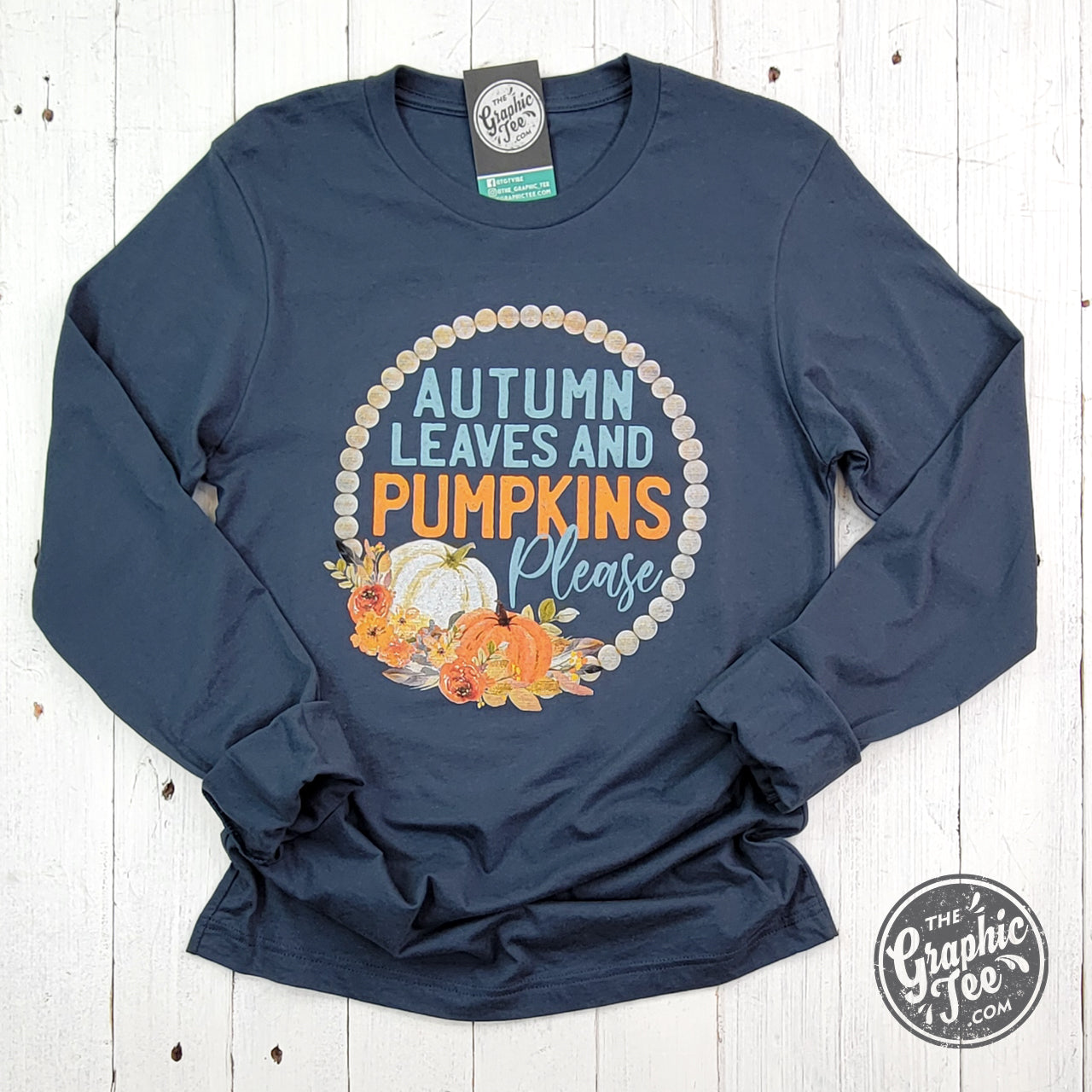 *WHOLESALE* Autumn Leaves and Pumpkins Please Vintage Navy Long Sleeve Tee