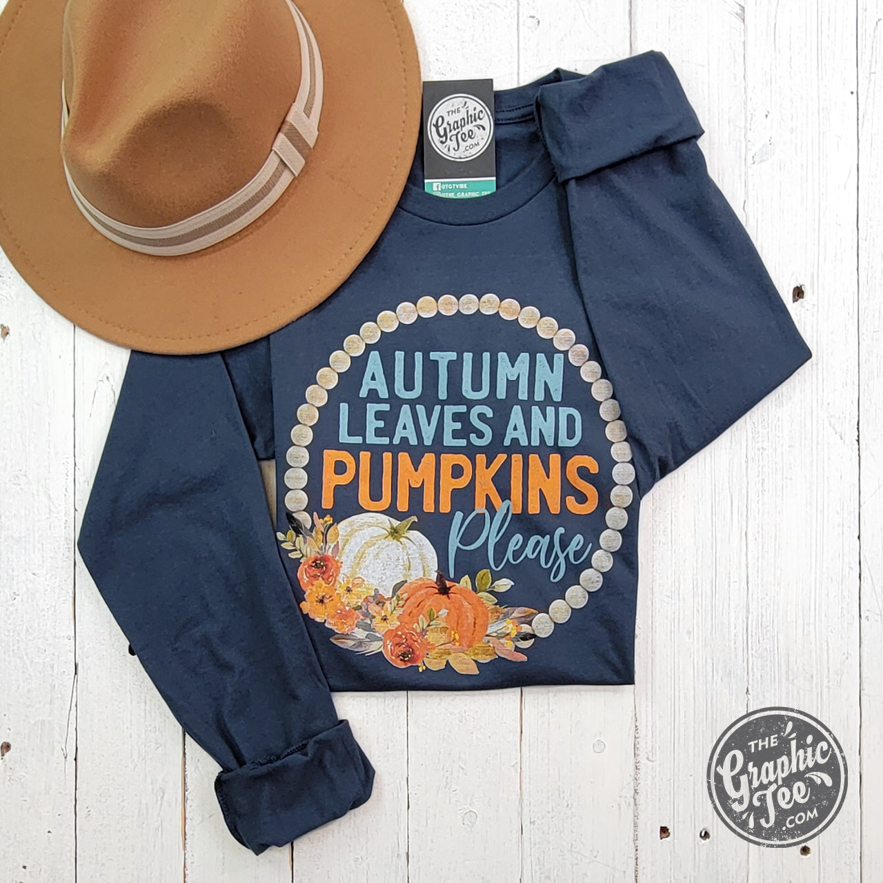 *WHOLESALE* Autumn Leaves and Pumpkins Please Vintage Navy Long Sleeve Tee