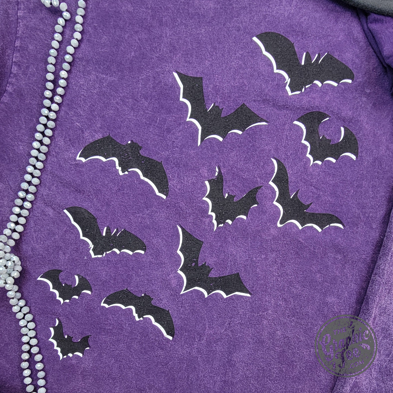 *WHOLESALE* Bats and Dancing Skeletons Front and Back Design Halloween Purple Mineral Wash Short Sleeve Tee