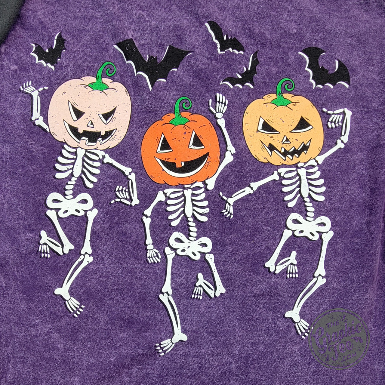 *WHOLESALE* Bats and Dancing Skeletons Front and Back Design Halloween Purple Mineral Wash Short Sleeve Tee