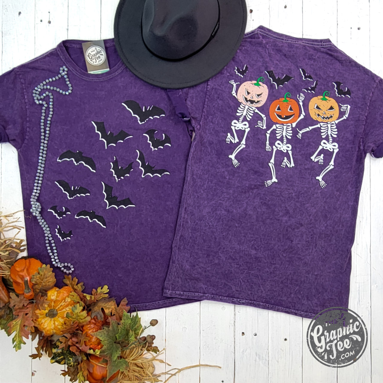 *WHOLESALE* Bats and Dancing Skeletons Front and Back Design Halloween Purple Mineral Wash Short Sleeve Tee