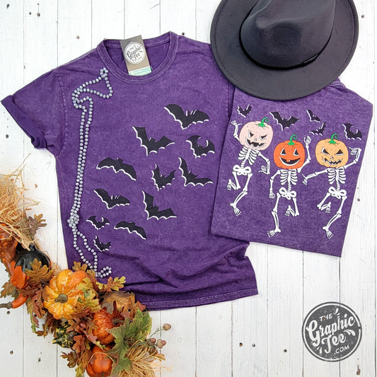 *WHOLESALE* Bats and Dancing Skeletons Front and Back Design Halloween Purple Mineral Wash Short Sleeve Tee