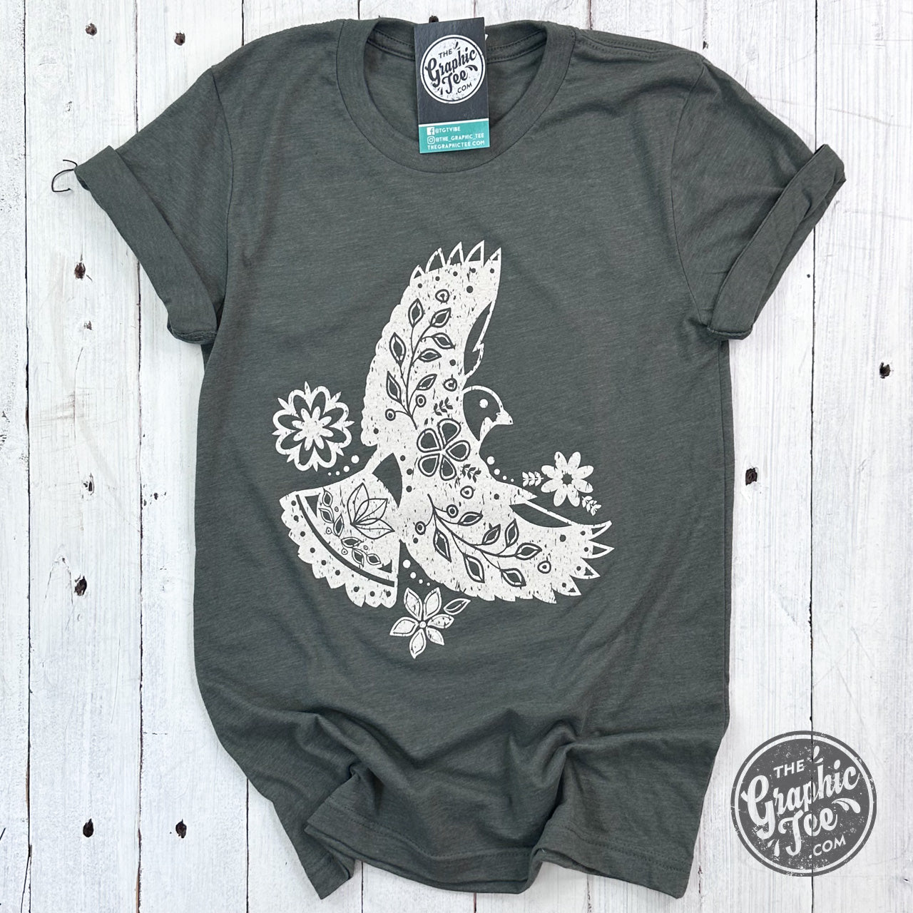 *WHOLESALE* Boho Bird Heather Military Green Short Sleeve Tee