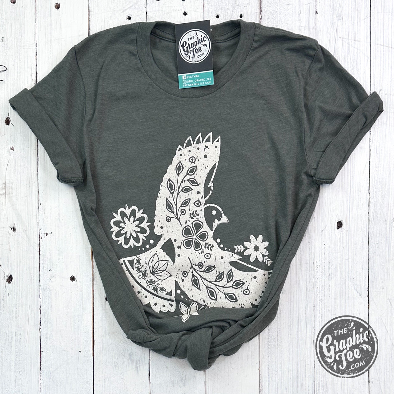 *WHOLESALE* Boho Bird Heather Military Green Short Sleeve Tee