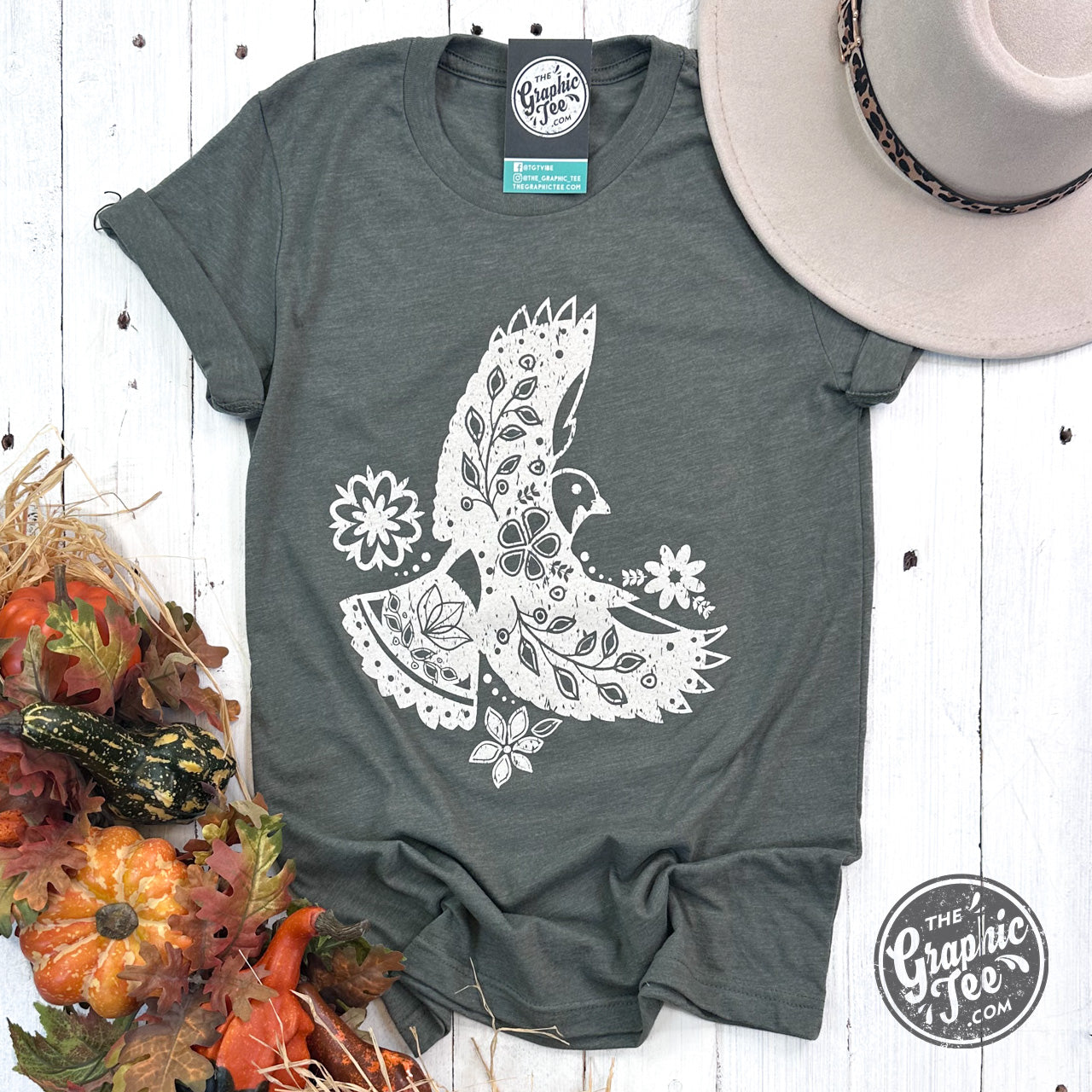 *WHOLESALE* Boho Bird Heather Military Green Short Sleeve Tee