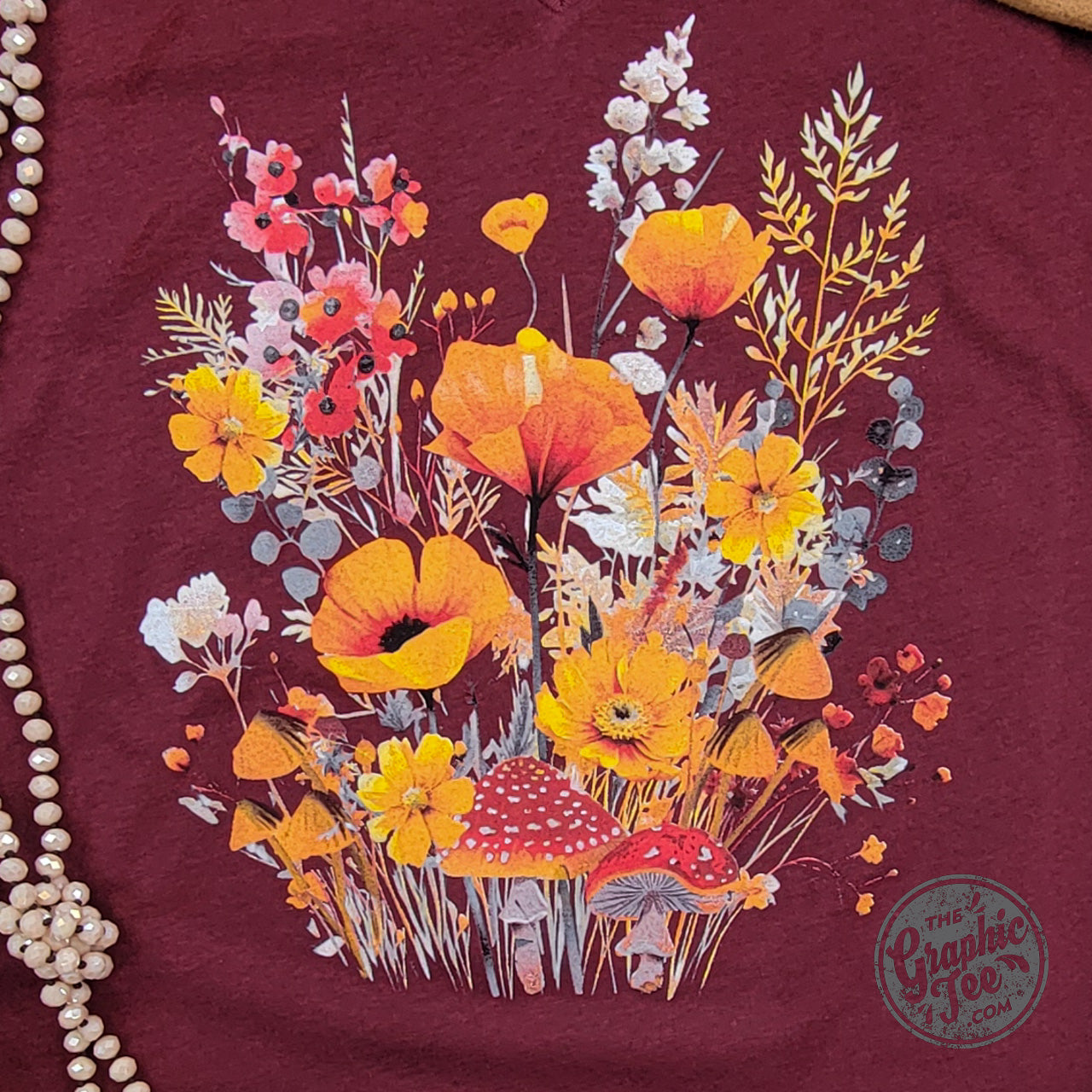 *WHOLESALE* Fall Boho Floral Heather Cardinal V-Neck Short Sleeve Tee