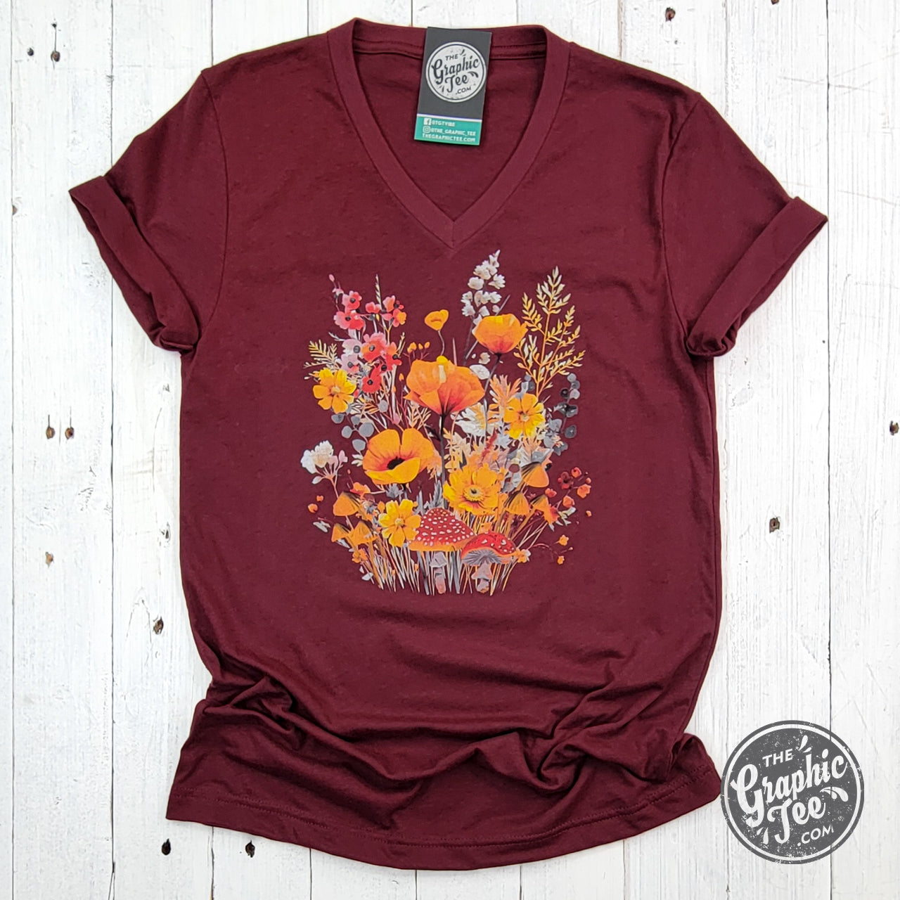 *WHOLESALE* Fall Boho Floral Heather Cardinal V-Neck Short Sleeve Tee