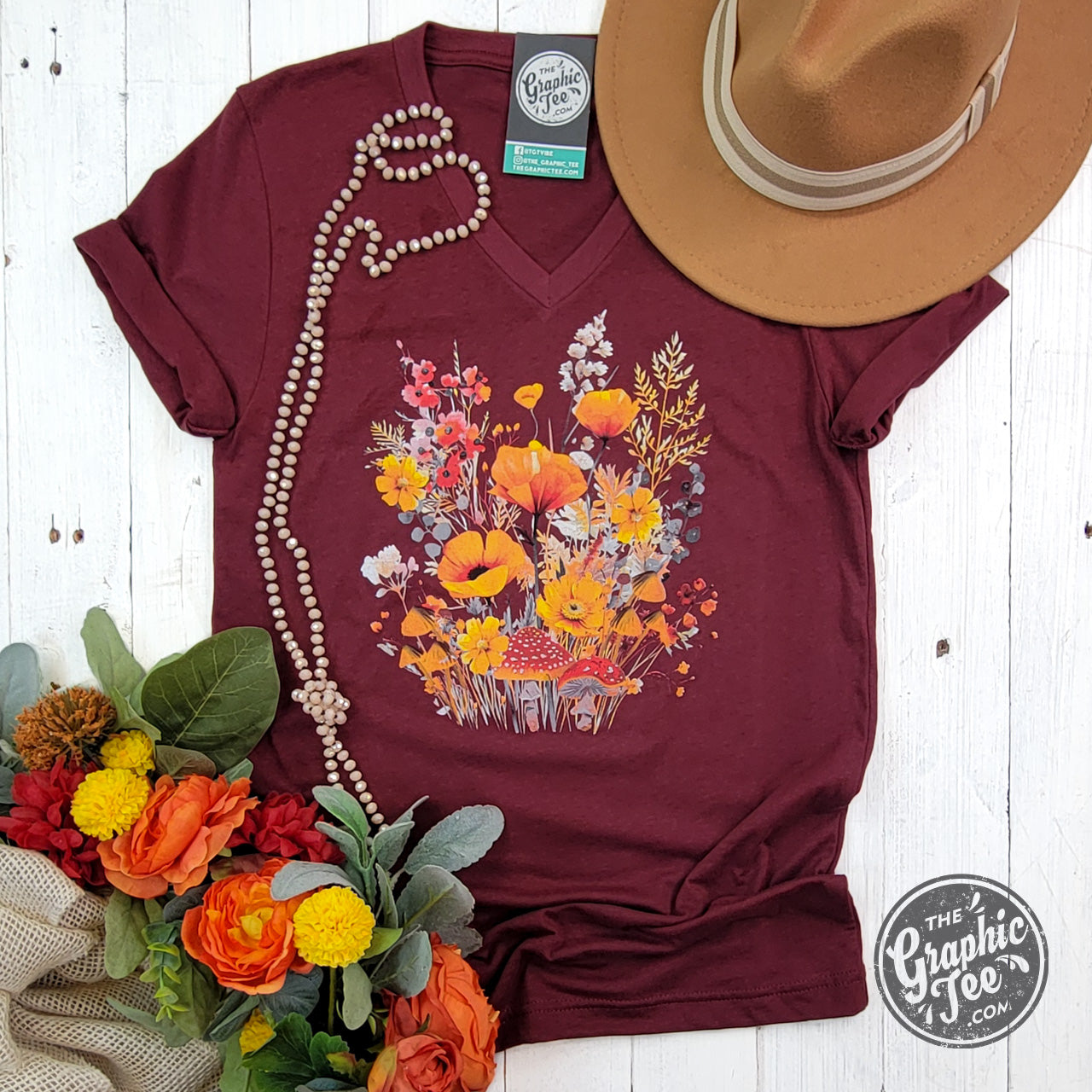 *WHOLESALE* Fall Boho Floral Heather Cardinal V-Neck Short Sleeve Tee