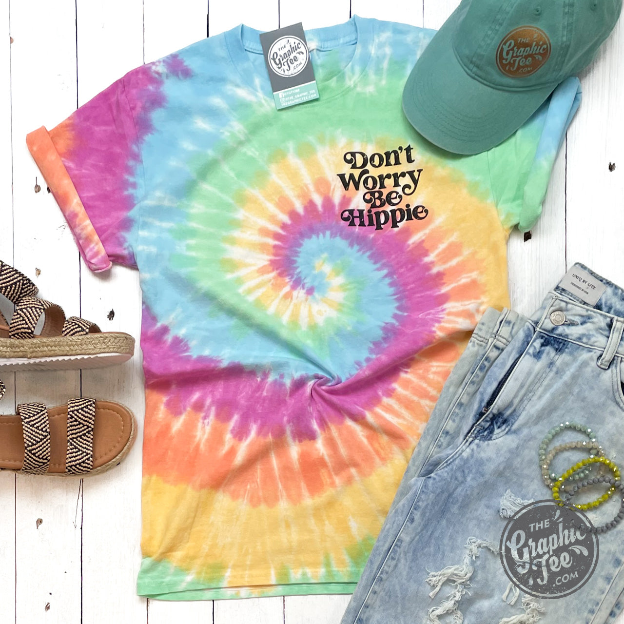 *WHOLESALE* Don't Worry Be Hippie Crew Neck Tie Dye Short Sleeve Graphic Tee