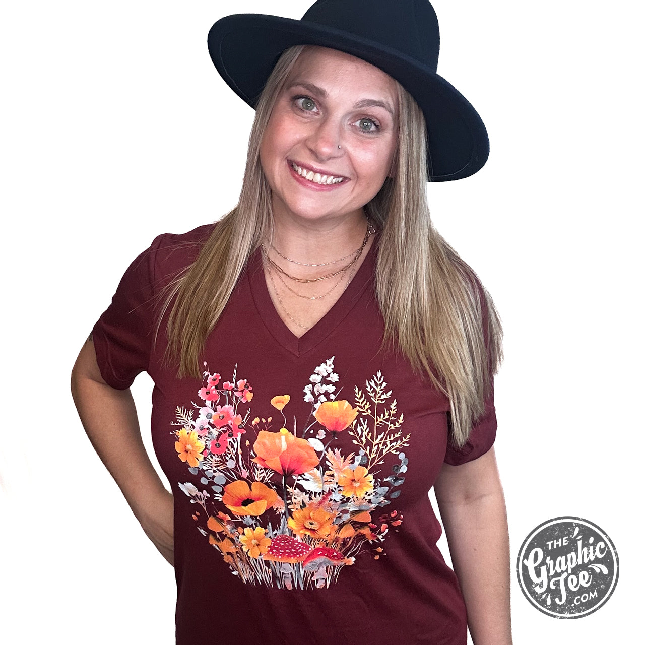 *WHOLESALE* Fall Boho Floral Heather Cardinal V-Neck Short Sleeve Tee