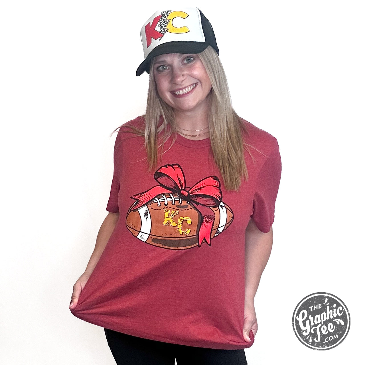 *WHOLESALE* KC Football Bow Heather Cardinal Short Sleeve Crewneck Tee