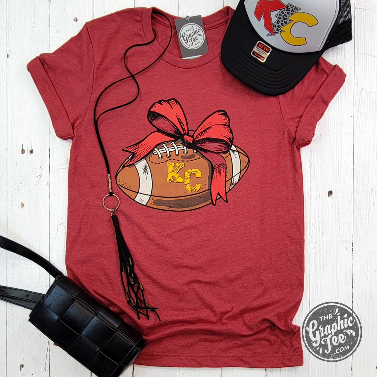 *WHOLESALE* KC Football Bow Heather Cardinal Short Sleeve Crewneck Tee