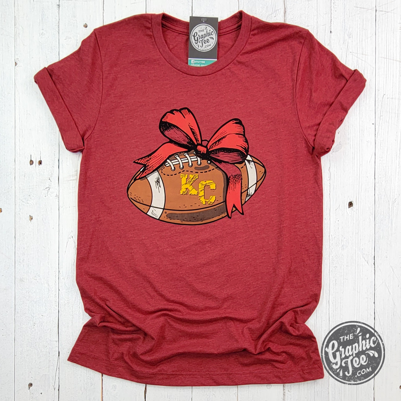 *WHOLESALE* KC Football Bow Heather Cardinal Short Sleeve Crewneck Tee