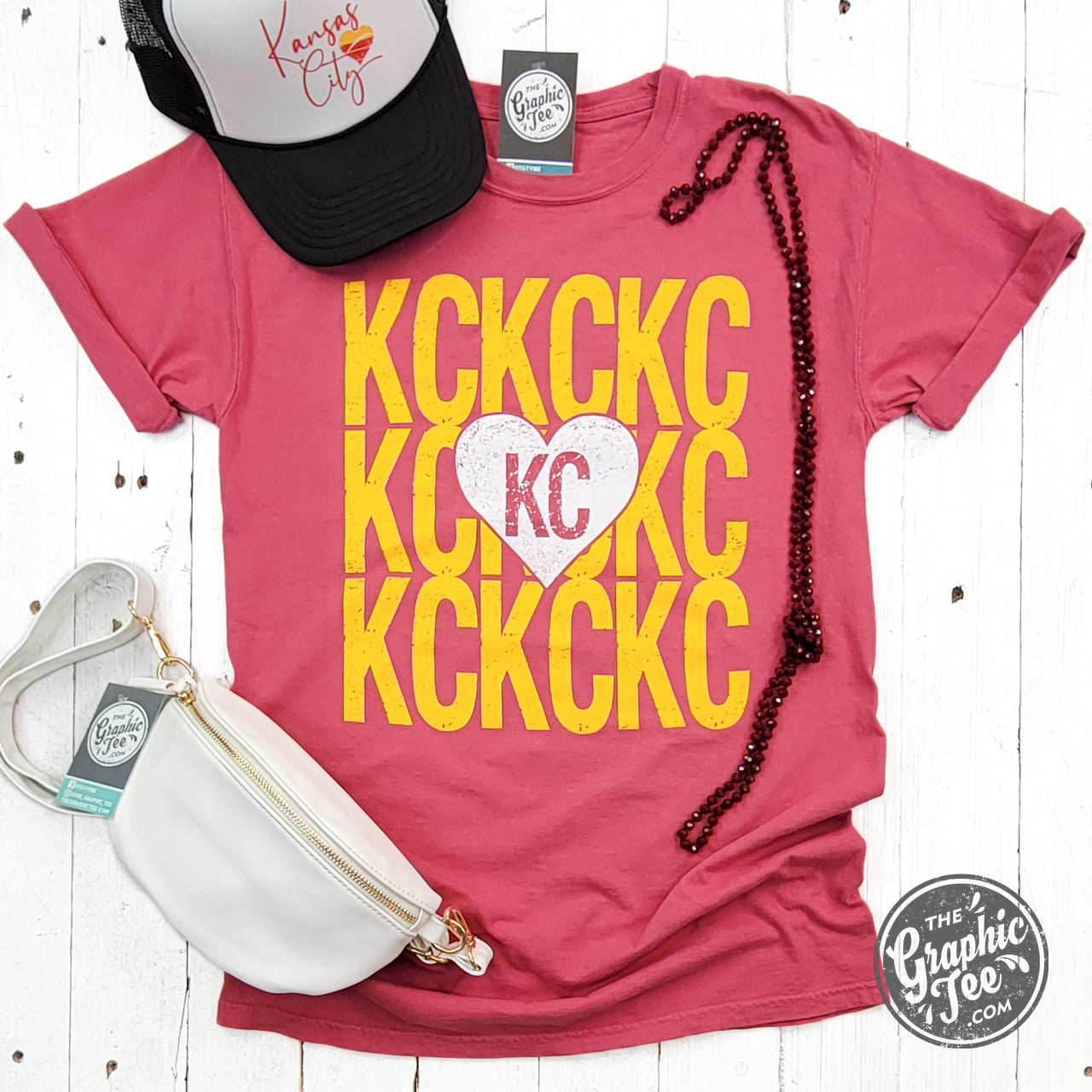 *WHOLESALE* KC KC KC Heart Crimson Comfort Wash Short Sleeve Crew Neck Tee