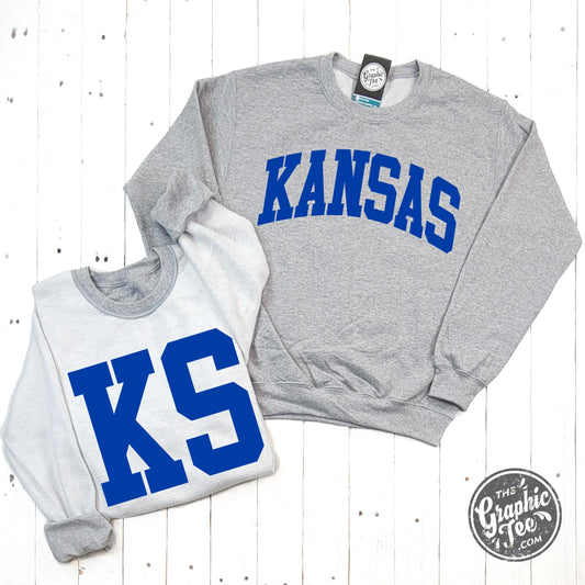 *WHOLESALE* Kansas Blue Print Reversible Sport Grey Crewneck Sweatshirt