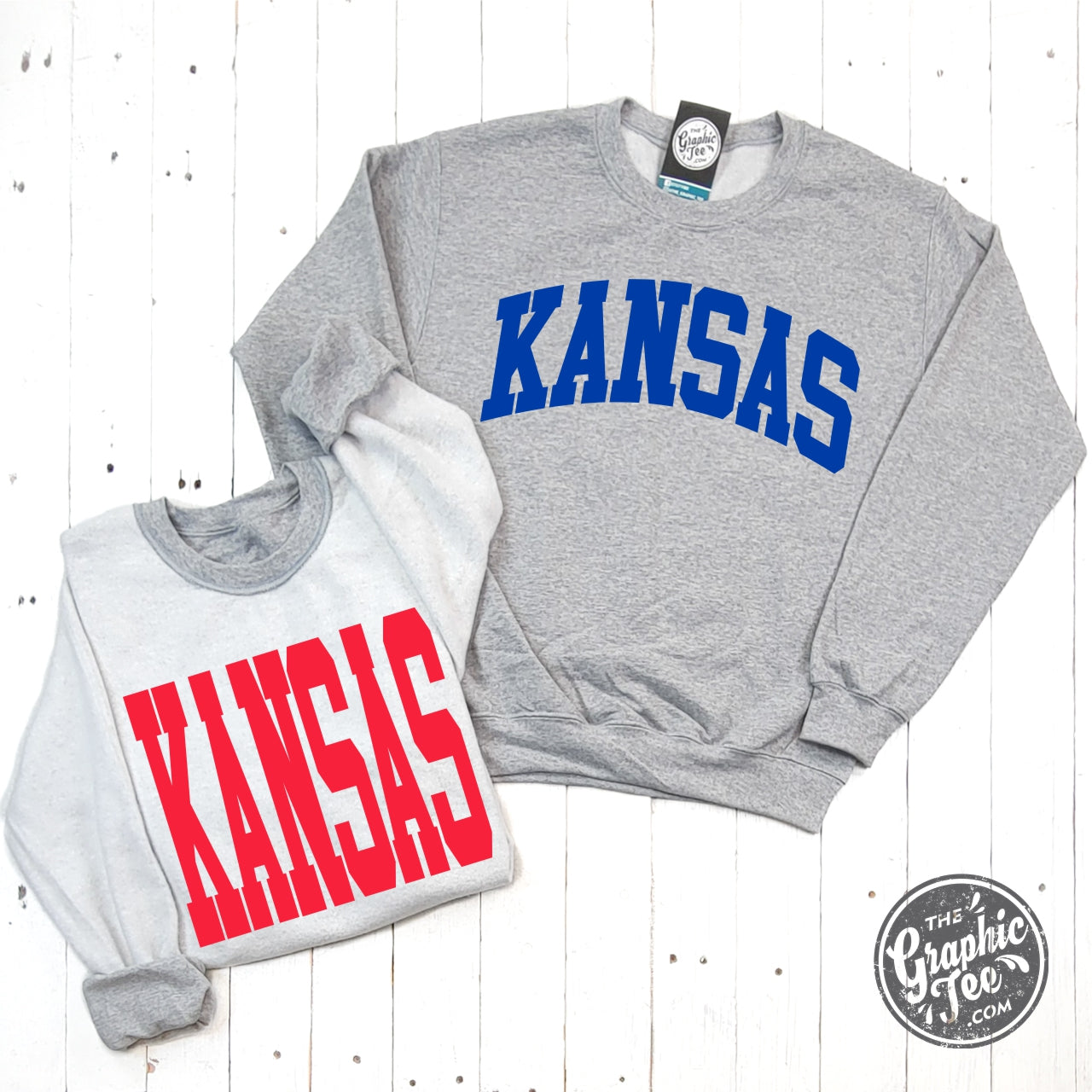 *WHOLESALE* Kansas Blue and Red Print Reversible Sport Grey Crewneck Sweatshirt