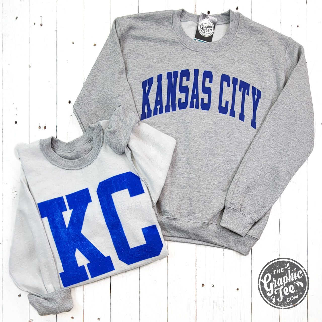 *WHOLESALE* Kansas City Royal Blue Ink Reversible Sport Grey Crewneck Sweatshirt