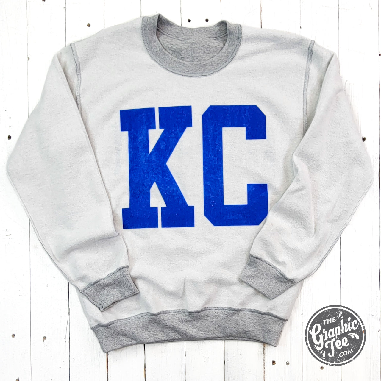 *WHOLESALE* Kansas City Royal Blue Ink Reversible Sport Grey Crewneck Sweatshirt