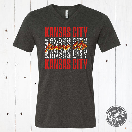 *WHOLESALE* Kansas City Stacked With Leopard Dark Grey Heather V Neck Short Sleeve Tee