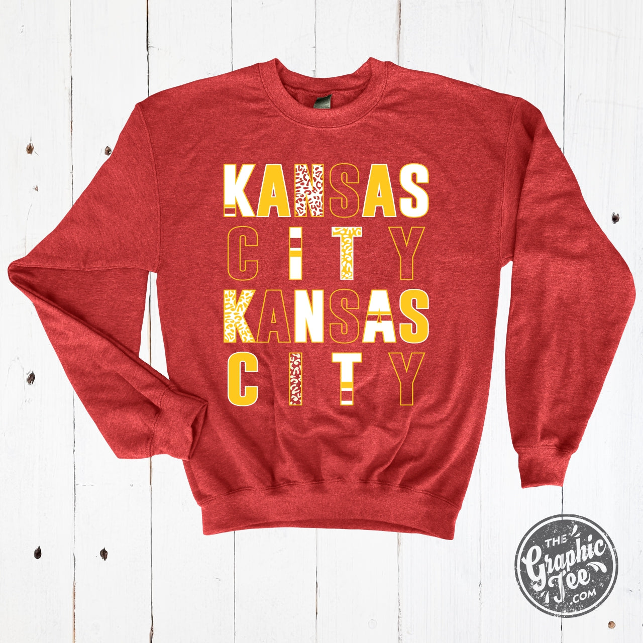 *WHOLESALE* Kansas City Multi Pattern Letters Heather Sport Scarlet Crewneck Sweatshirt