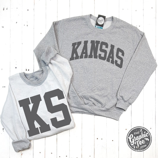 *WHOLESALE* Kansas Charcoal Print Reversible Sport Grey Crewneck Sweatshirt