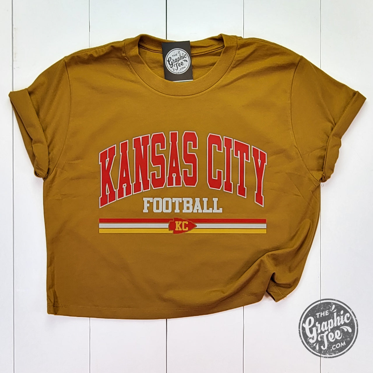 *WHOLESALE* Kansas City Football Retro 3 Stripe Antique Gold Ladies Waist Length Tee