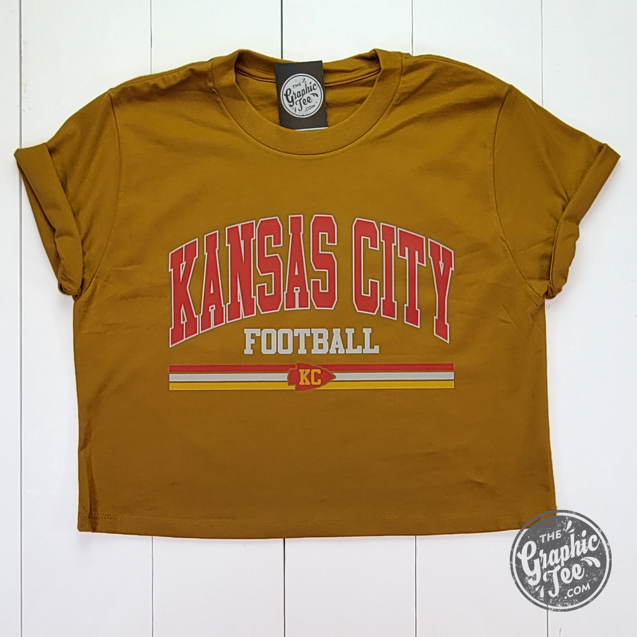 *WHOLESALE* Kansas City Football Retro 3 Stripe Antique Gold Ladies Waist Length Tee