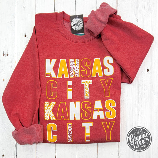 *WHOLESALE* Kansas City Multi Pattern Letters Heather Sport Scarlet Crewneck Sweatshirt