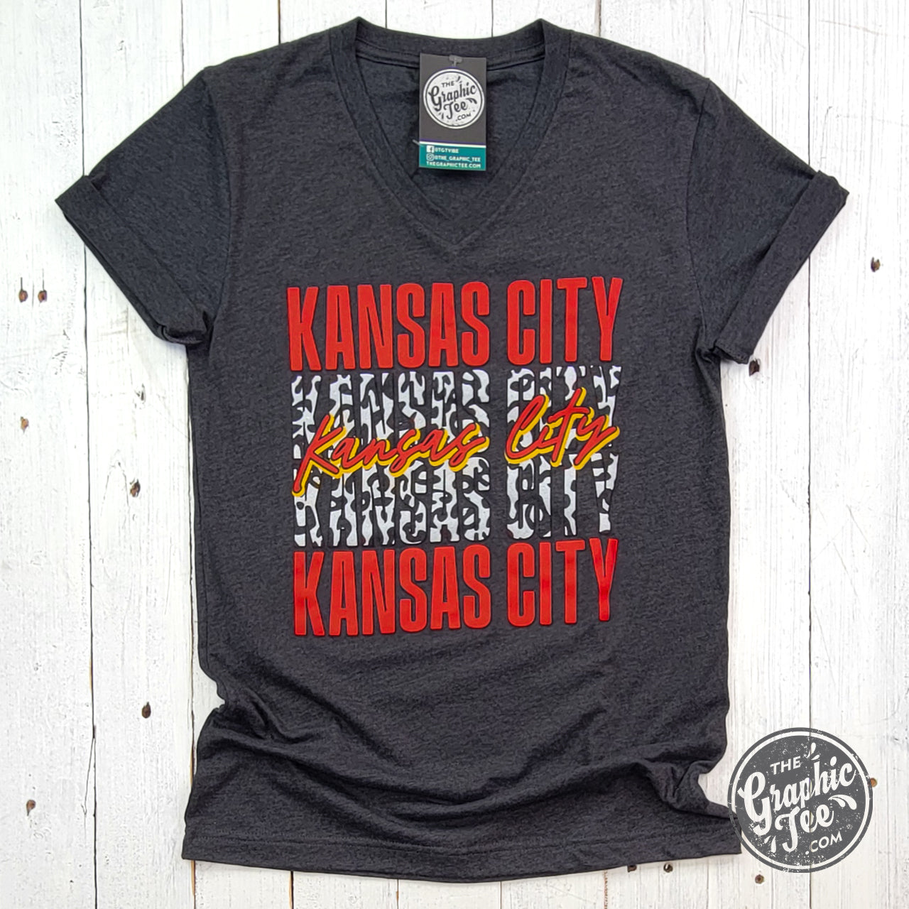 *WHOLESALE* Kansas City Stacked With Leopard Dark Grey Heather V Neck Short Sleeve Tee