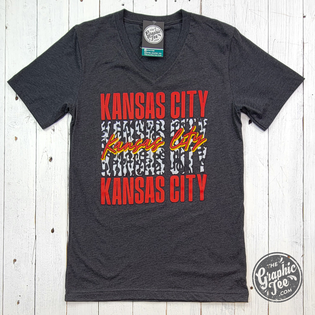 *WHOLESALE* Kansas City Stacked With Leopard Dark Grey Heather V Neck Short Sleeve Tee