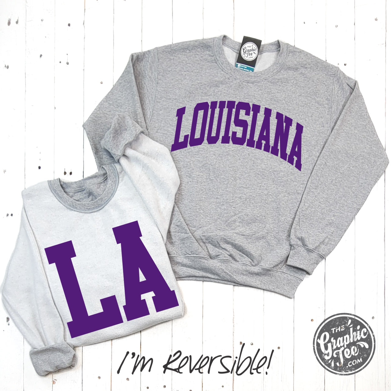 *WHOLESALE* Louisiana Purple Print Reversible Sport Grey Crewneck Sweatshirt