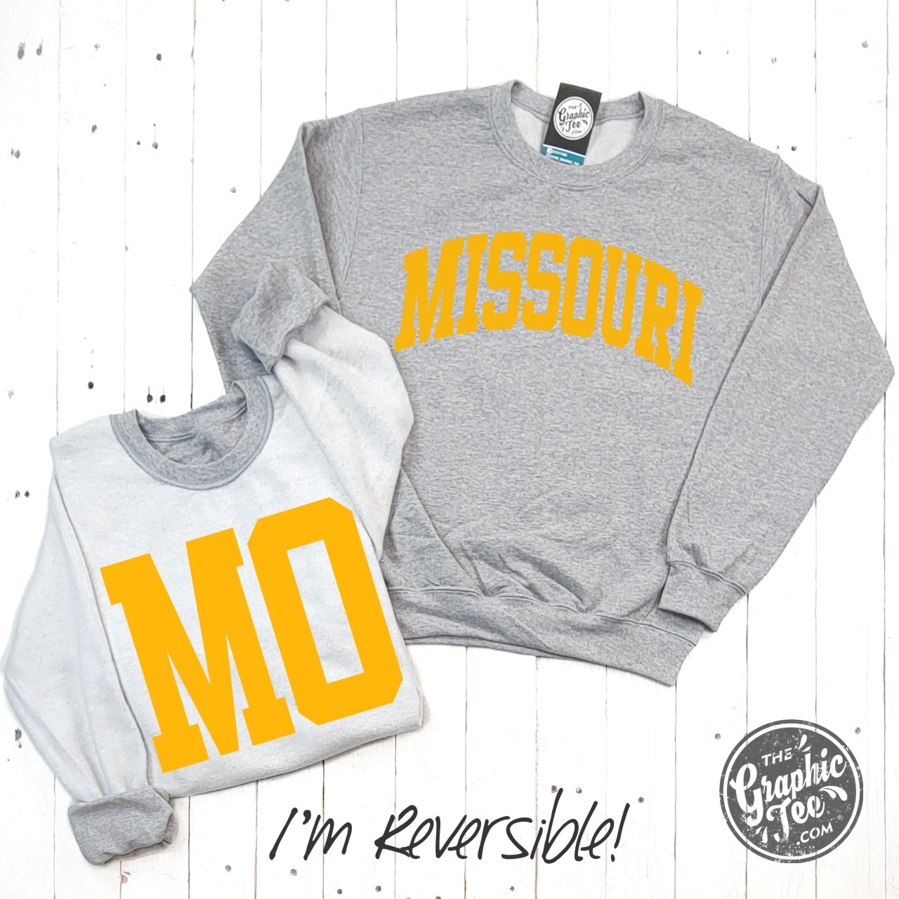 *WHOLESALE* Missouri Gold Print Reversible Sport Grey Crewneck Sweatshirt