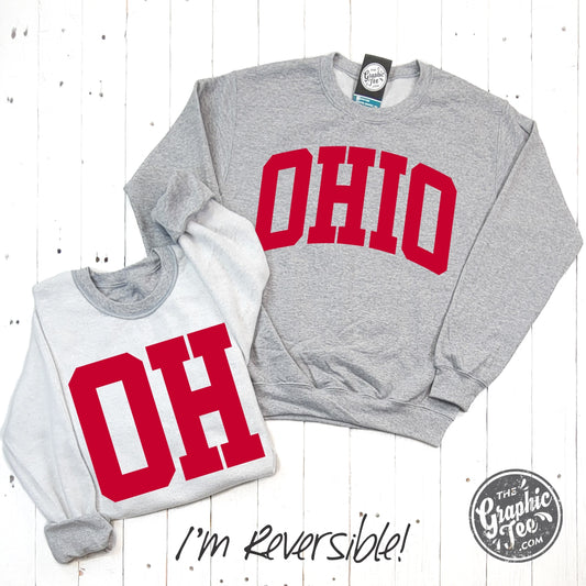 *WHOLESALE* Ohio Scarlet Red Print Reversible Sport Grey Crewneck Sweatshirt