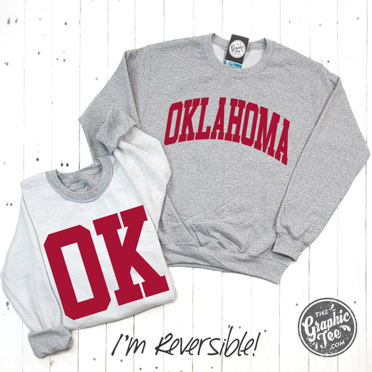 *WHOLESALE* Oklahoma Crimson Print Reversible Sport Grey Crewneck Sweatshirt