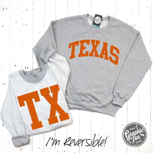 *WHOLESALE* Texas Burnt Orange Print Reversible Sport Grey Crewneck Sweatshirt