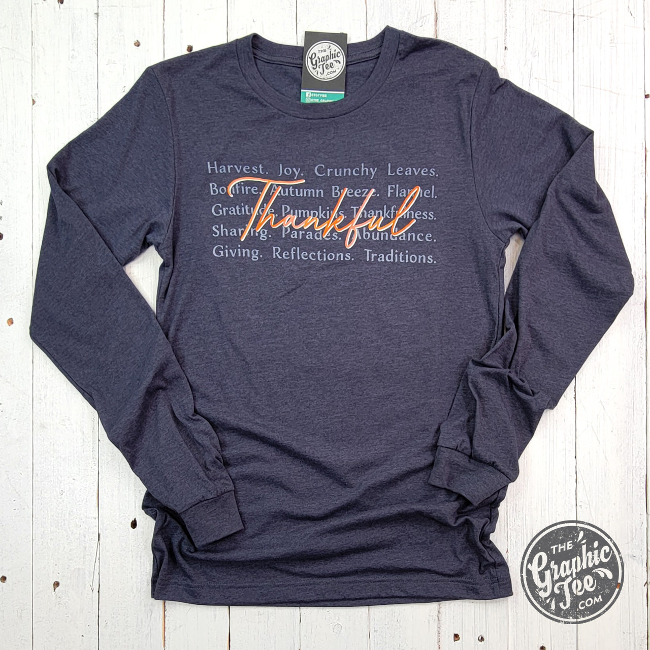 *WHOLESALE* Thankful with Words Heather Navy Long Sleeve Tee